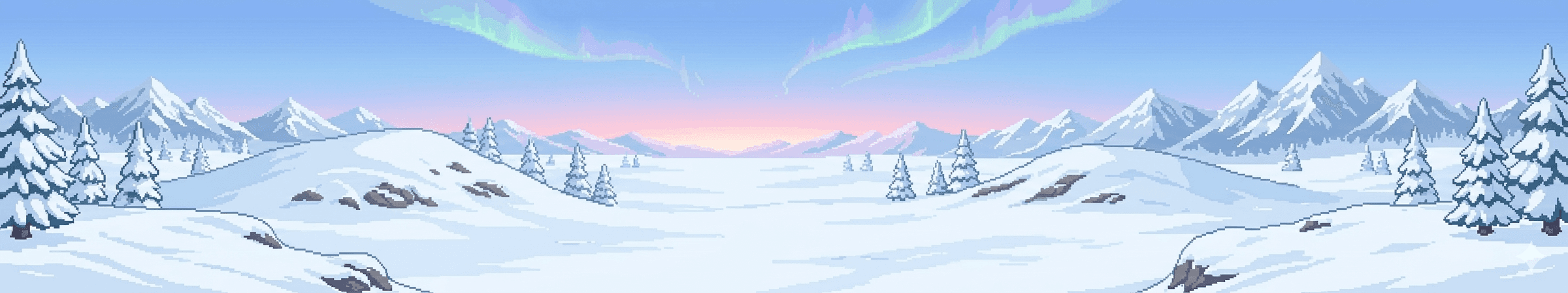 Tundra con aurora boreal, montañas nevadas y pinos